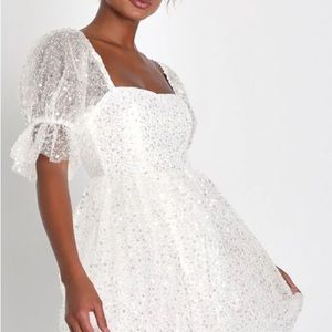 MAGIC SPARKLE WHITE BEADED SEQUIN PUFF SLEEVE MINI DRESS
